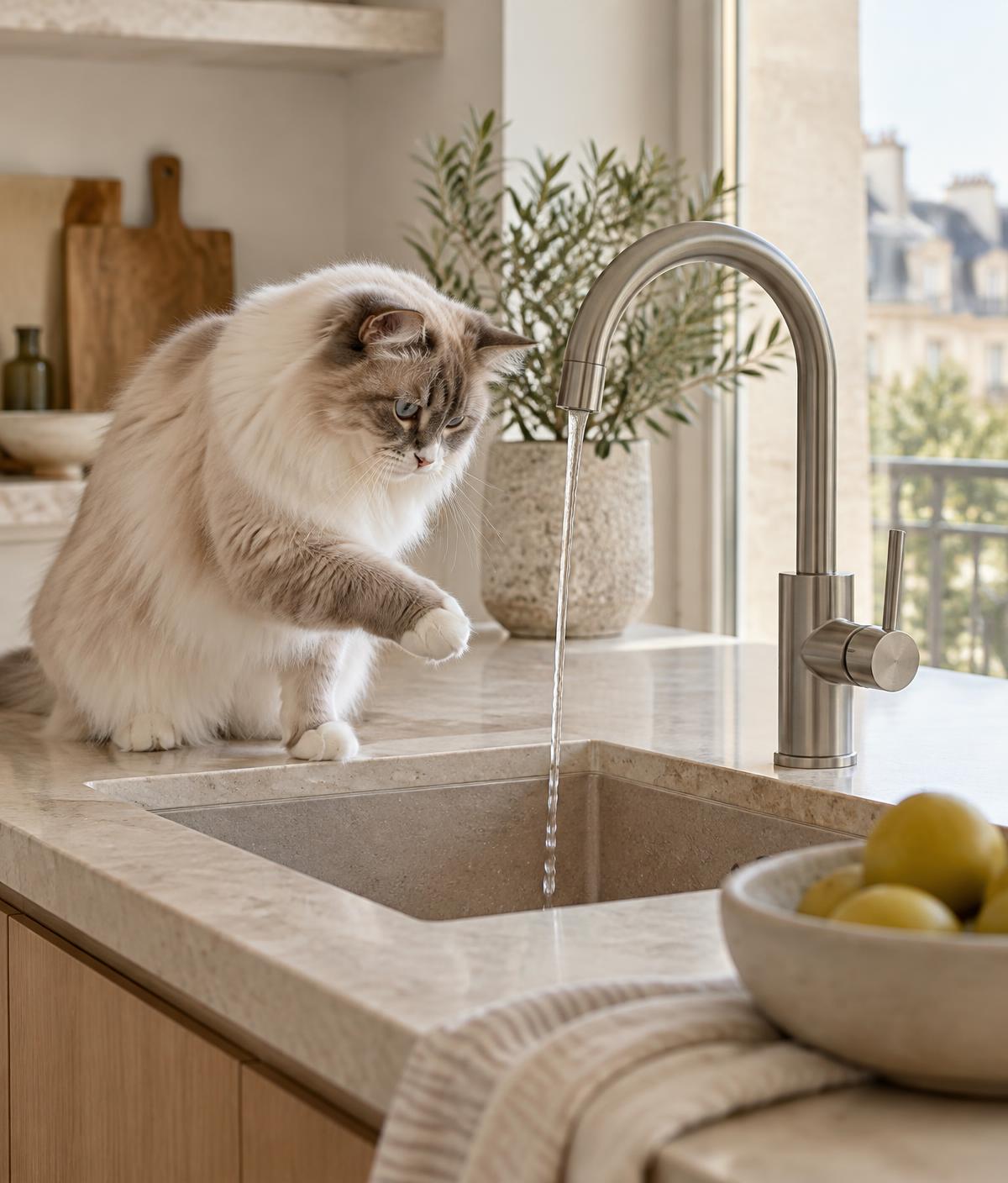 Chat attiré par l’eau en mouvement près d’un robinet
